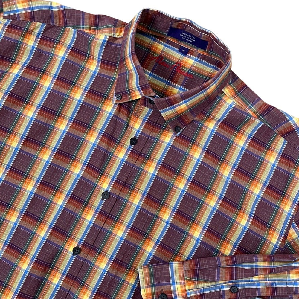 Alan Flusser Men Button Down Shirt XL Multicolor Plaid LS Cotton Colorful Preppy